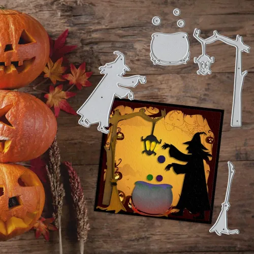 Miniatura 3 de Threetols Troqueles de metal para cortar brujas de Halloween, fondo de árbol, plantillas troqueladas de monstruo de metal para hacer tarjetas