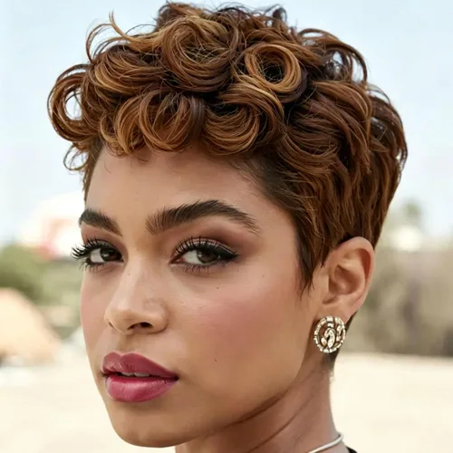 MOONSHOW - Pelucas cortas de corte Pixie para mujeres negras, peluca de corte Pixie marrón | Short Pixie Wigs for Black Women Natural Layered Short