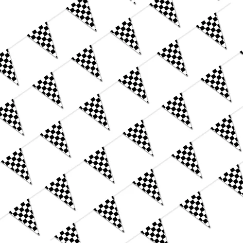 Piokio Bandera a cuadros en blanco y negro de 100 pies, decoración de cumpleaños de carreras, para suministros de fiesta de autos Nascar negro y