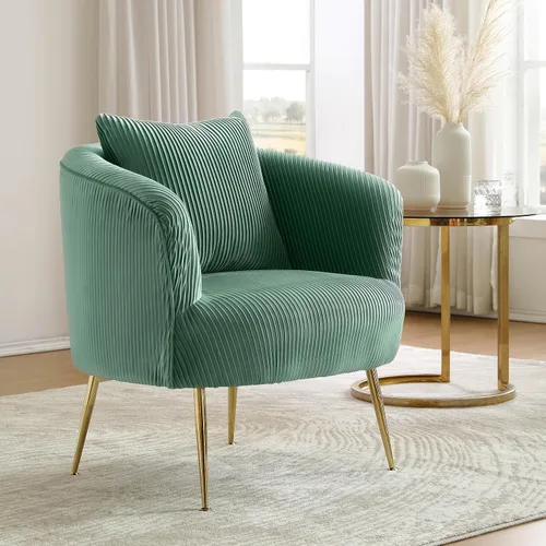 Art Leon Silla decorativa de terciopelo, moderna y tapizada, cómoda silla de barril con patas de metal dorado para sala de estar y dormitorio, color
