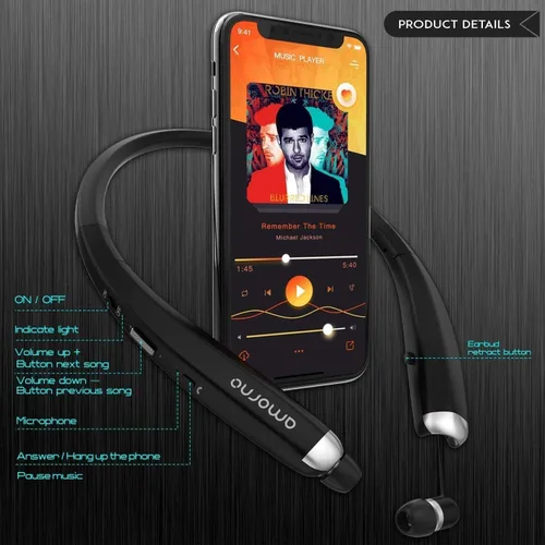 Miniatura 2 de AMORNO Auriculares Bluetooth plegables, auriculares deportivos inalámbricos con banda para el cuello con auriculares retráctiles, auriculares