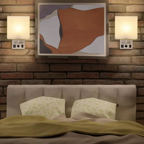 Miniatura 7 de BTY Juego de 2 apliques de pared modernos, lámparas de pared para dormitorio, enchufe con puertos de carga USB, apliques de enchufe de CA