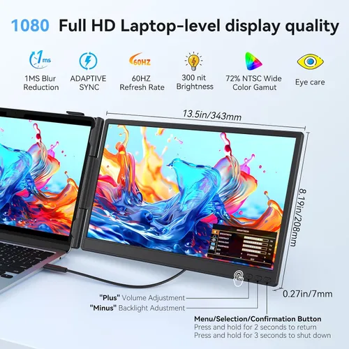 Miniatura 7 de Extensor de pantalla dual para laptop de 14 pulgadas, monitor portátil ultrafino, FHD 1080P USB-C/HDMI Plug & Play, pantalla de viaje ligera