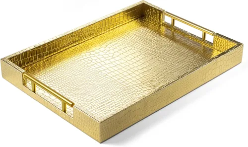 ATZYmolin - Bandeja de servicio de madera de 17 x 12 pulgadas con asas de metal dorado pulido, bandeja decorativa rectangular de madera para el Oro
