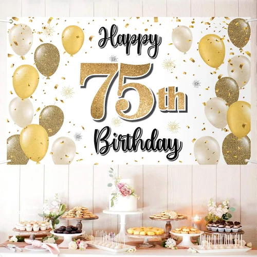 Miniatura 76 de Decoraciones de Feliz Cumpleaños 100, Globo Dorado Grande 100 Pancarta de Cumpleaños Telón de Fondo Letrero - Salud por 100 Años Suministros