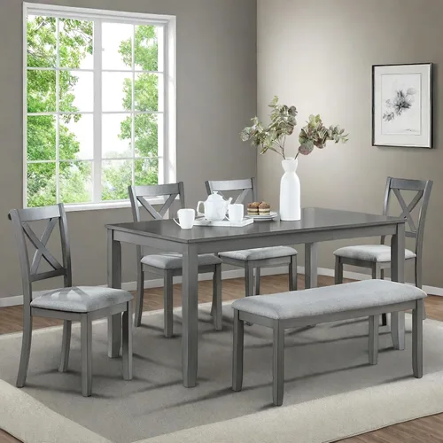 Juego de mesa de comedor de 6 piezas para 4-6 personas, juego de cocina con 4 sillas tapizadas y un banco, sillas de sala de estar con respaldo en