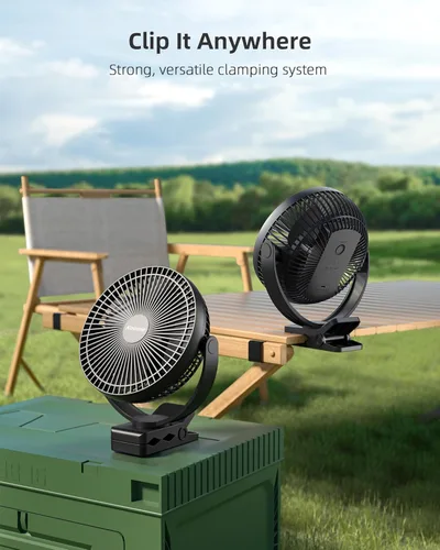Miniatura 4 de Koonie-Ventilador de clip, 10,000 mAh, recargable, 8 pulg, USB, 4 velocidades, fuerte flujo de aire, abrazadera, p/carrito de Negro