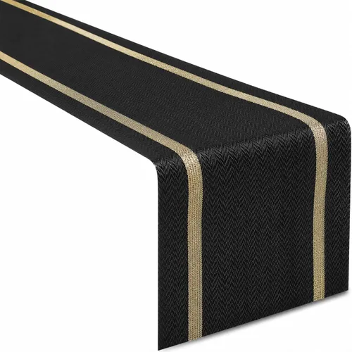 FAVE Camino de mesa de vinilo tejido negro, camino de mesa tejido con hilos dorados, 72x12 pulgadas, limpiable, impermeable, manteles individuales