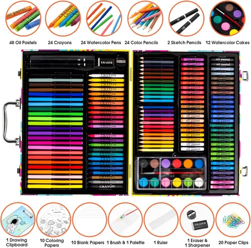 Miniatura 2 de Suministros de arte, juego de 180 piezas para dibujar y pintar para niños, niñas, niños, adolescentes, juego de arte para colorear con estuche