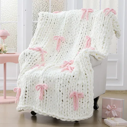 Mindsoft Manta de punto grueso con lazo rosa de 50 x 60 pulgadas, 100% hecha a mano con hilo de chenilla color crema, esponjosa, suave, manta de