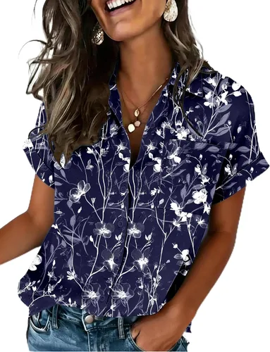 Miniatura 14 de Zeagoo Camisa de manga corta con botones para mujer, cuello en V, elegante, casual, para negocios, trabajo, con bolsillo, S-XXL