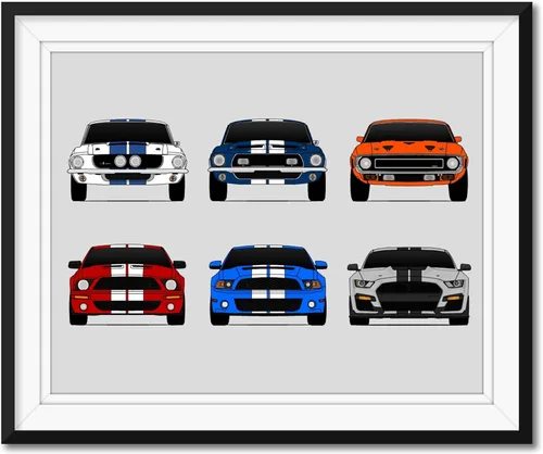 Custom Car Posters Handmade Poster compatible with Shelby Mustang GT500 Generations and Print of Ford Shelby GT500 (Multi-Color Wall Art) - 24x36