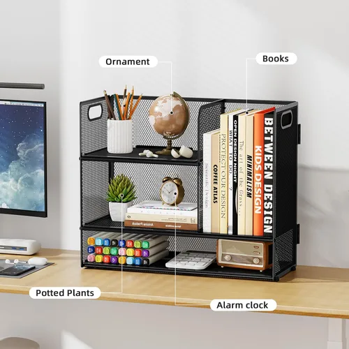 Miniatura 6 de Marbrasse Organizador de Estante de Escritorio de 3 Niveles con Asa, Soporte de Libros de Escritorio para Archivos, Organizador de Estante