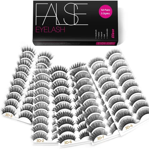 Eliace Conjunto de pestañas postizas profesionales, 50 pares, 5 estilos de pestañas, 10 pares de pestañas postizas, hechas a mano, muy natural,