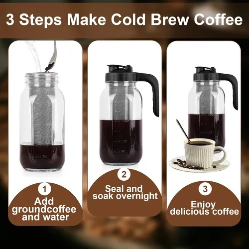 Miniatura 5 de Jarra de café frío de 64 onzas, jarra de vidrio resistente con tapa de mango de boquilla en forma de V, filtro de acero inoxidable para café helado
