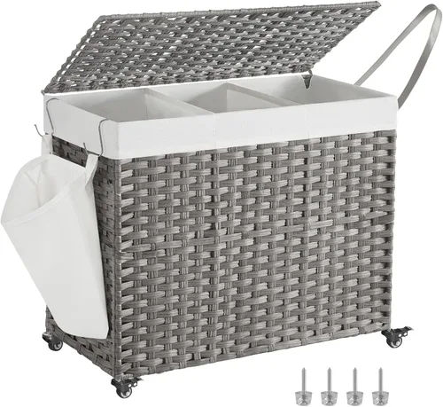 SONGMICS Cesta de lavandería con tapa, 42.3 galones (160 L), cesta de lavandería con ruedas, ratán sintético de 3 secciones, forro extraíble, Gris