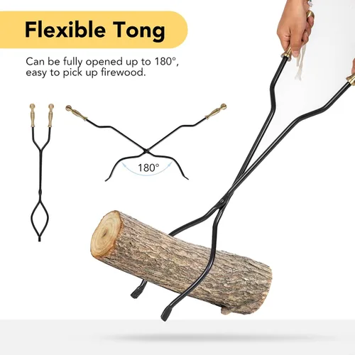 Miniatura 6 de nalone Juego de 5 herramientas para chimenea, asas de latón, accesorios de chimenea de hierro forjado con póquer, pinzas, pala, cepillo