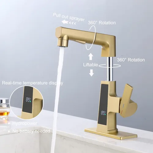 Miniatura 5 de Grifo de baño LED con rociador extraíble, pantalla de temperatura dorada cepillada, 2 modos de pulverización, grifo RV de 1 o 3 agujeros con placa