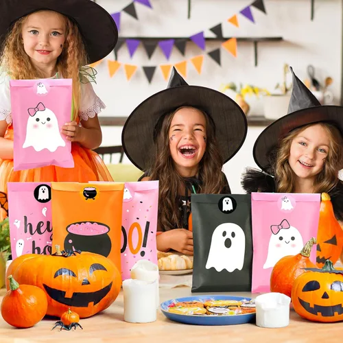 Miniatura 7 de FHzytg 48 bolsas de recuerdo de fiesta de Halloween, bolsas de regalo de dulces fantasmas de Halloween rosas para niñas, decoraciones de cumpleaños