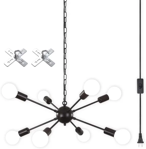 Miniatura 9 de LASENCHOO Lámpara de araña con enchufe negra de 6 luces Lámpara colgante con enchufe Luces colgantes con cable de enchufe de 15.1 pies