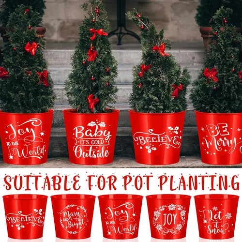 Miniatura 4 de Hoolerry 16 macetas de Navidad para jardinería, accesorios galvanizados, cubo de metal rojo de 6 pulgadas, macetas de flores galvanizadas