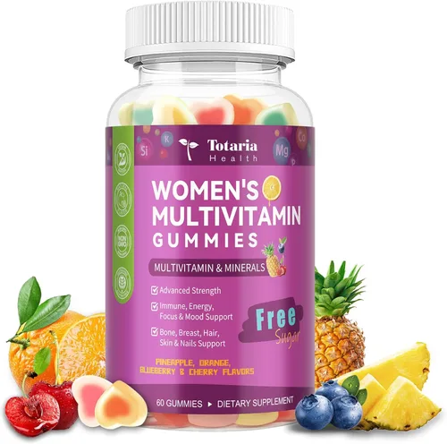 Totaria Gomitas multivitamínicas sin azúcar para mujer con hierro, multivitamínico para mujer con vitaminas C, D3 K2, B12, B6, gomitas rellenas para