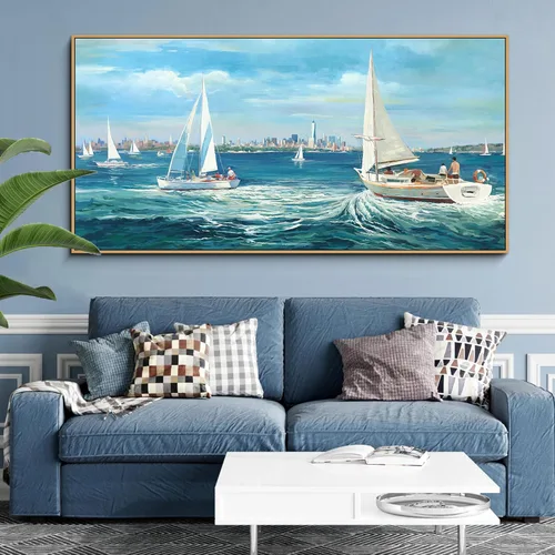 Miniatura 8 de XLSJERST Arte de Pared de Lienzo Azul Grande Pintura de Paisaje Marino - Cuadro de Paisaje con Textura Azul Marino Moderno Velero Obra de Arte