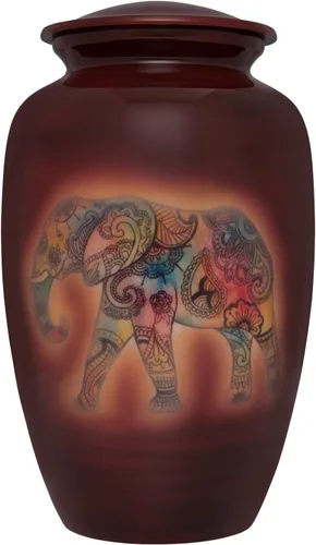 Urna funeraria marrón con elefante espiritual indio - Urna de cremación para cenizas humanas - Hecha a mano en aluminio - Adecuada para entierro en