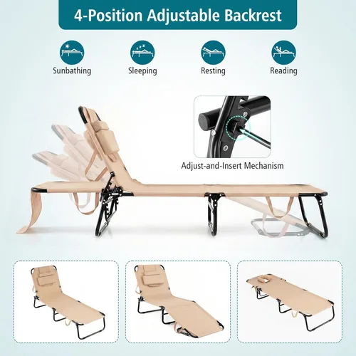 Miniatura 4 de GYMAX Sillón de playa, silla para tomar el sol, silla plegable ajustable reclinable con agujero para cara (1, arena)
