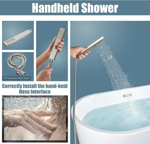 Miniatura 4 de Aolemi Grifo de bañera independiente para montaje en el suelo, relleno de bañera de latón de una sola manija, con rociador de mano, caño giratorio