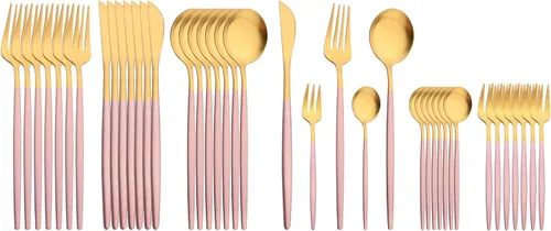 JASHII Juego de 40 cubiertos de color rosa mate y dorado, juego de cubiertos de acero inoxidable para 8, incluye cucharadas de tenedor para tartas,