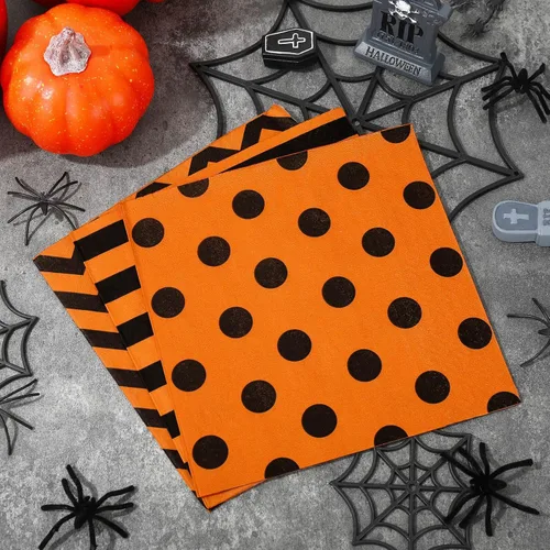 Miniatura 3 de Whaline Servilletas de papel de Halloween de 6.5 pulgadas de color naranja y negro a rayas onduladas con lunares, servilletas geométricas
