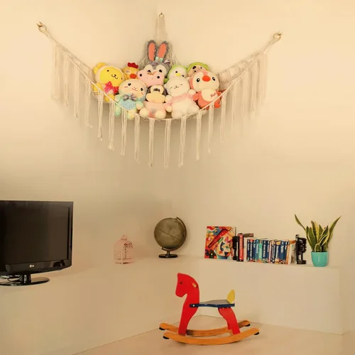 Miniatura 4 de Hamaca Esquinera para Animales de Peluche, Red Grande de Juguetes de Peluche Tejida a Mano con Anillos de Madera Almacenamiento Boho Lindo