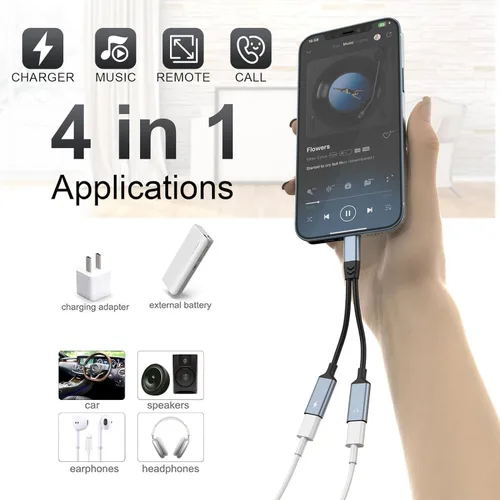 Miniatura 3 de Adaptador divisor de corriente 2 en 1 para iPhone a conector Lightning dual para auriculares y cargador de audio, videollamada, música, carga, HiFi