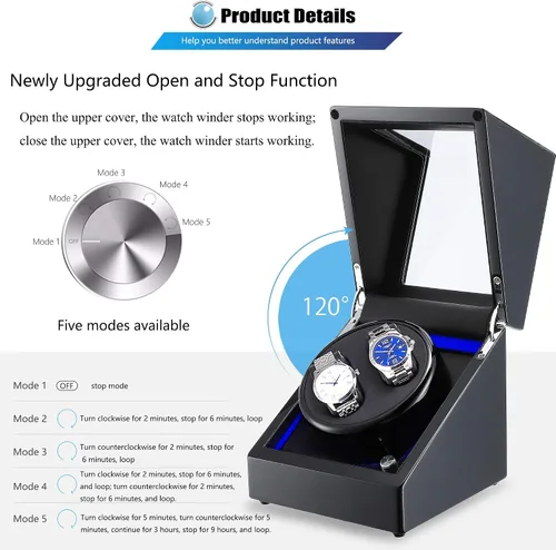 Miniatura 2 de NEWTRY Bobinadora automática de relojes dobles con motor silencioso de luz azul para relojes, adaptador de CA o funciona con pilas, para hombres