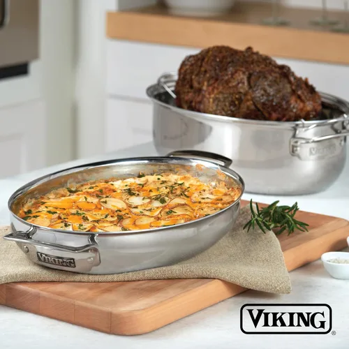 Miniatura 6 de Asador ovalado de acero inoxidable Viking, 3 capas, con tapa y estante de inducción de metal, 8.5 cuartos de galón