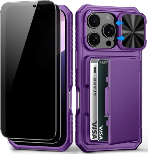 Miniatura 22 de BXYJY Funda tipo cartera para iPhone 15 Pro con tarjetero (4-5 tarjetas) y cubierta deslizante para cámara y soporte, protección contra caídas