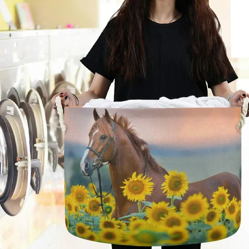 Miniatura 6 de visesunny Cesta de almacenamiento de caballo rojo, girasol, cesta para guardería, organizador de ropa, juguetes, bolsa de lavandería plegable