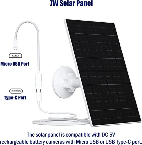 Miniatura 2 de Zivif Panel solar de 7 W compatible con Eufycam 2C/2C Pro/2/2 Pro/E20/E40/E, cargador solar USB con puerto USB-C, con conector micro USB y enchufe