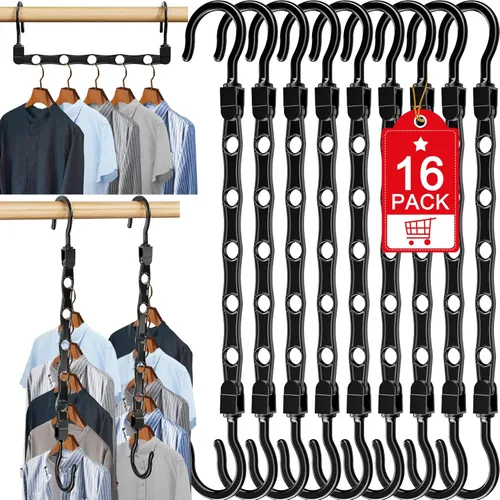 Paquete de 16 perchas que ahorran espacio, organizador de perchas de plástico inteligente y ahorro de espacio, organizador de armario y Negro