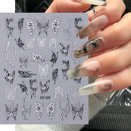 Miniatura 3 de Calcomanías líquidas para arte de uñas, diseño de mariposa, negro, plateado, mariposa, luna, 3D, autoadhesivas, suministros de arte de uñas