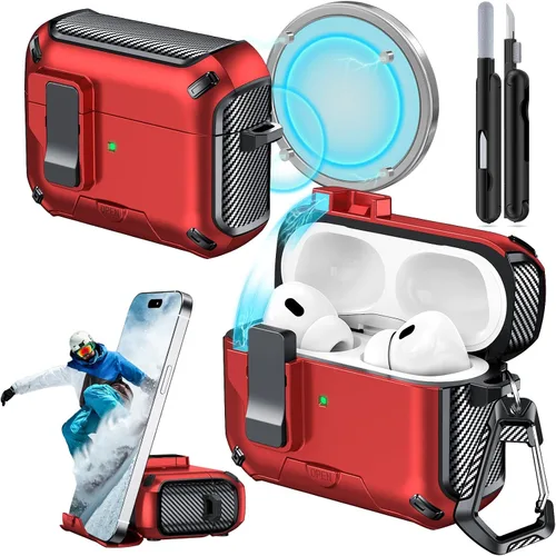 Miniatura 8 de Funda para AirPods Pro 2 (2023/2022/2019) con soporte para teléfono, (con interruptor a presión automático), diseño de fibra de carbono, cubierta