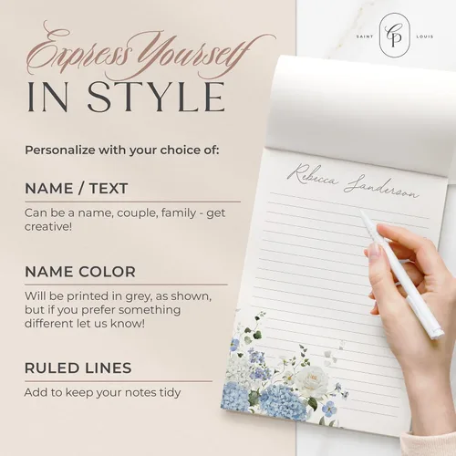 Miniatura 3 de Bloc de notas de papelería personalizado para mujer, bloc de notas personalizado con nombre, flores azul marino con fuente de guión, bloc de notas