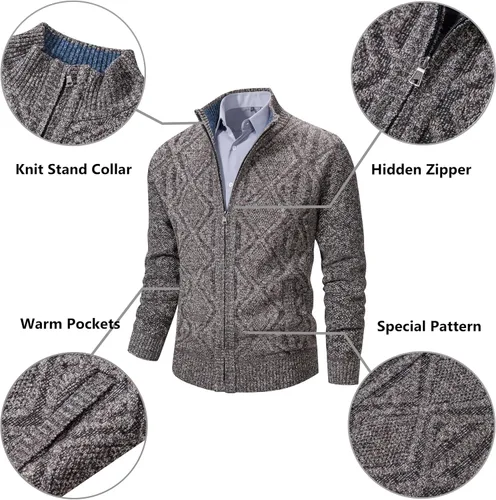 Miniatura 47 de VtuAOL Suéteres tipo cárdigan para hombre, con cremallera completa, cuello alto, cárdigan de punto casual con bolsillos