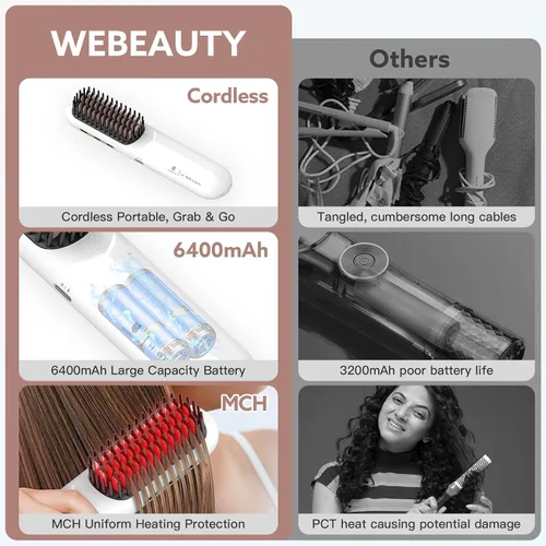 Miniatura 8 de webeauty - Cepillo alisador de pelo inalámbrico, [iones negativos de 656.2 ft], cepillo alisador portátil para mujeres, alisador de calentamiento