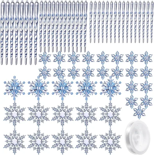 Miniatura 10 de Chuangdi 72 adornos de carámbano de copo de nieve para árbol de Navidad, carámbanos con purpurina retorcida, decoración de gota de acrílico