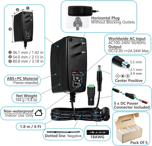 Miniatura 3 de CHANZON Adaptador de fuente de alimentación de conmutación de 24 W CA y CC de 12 V 2 A