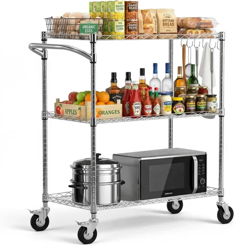 Miniatura 11 de VEVOR Carrito de cocina utilitario de 3 niveles y 23.7 pulgadas, soporte para microondas, estante de almacenamiento resistente, carrito de servicio