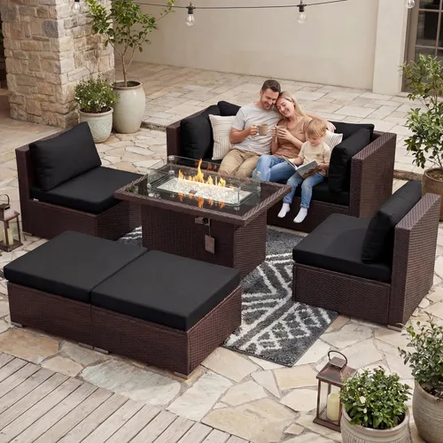 Miniatura 20 de BULEXYARD Juego de muebles de patio de respaldo alto de 7 piezas con mesa de fogata de combustible dual propano/gas natural, sofá seccional