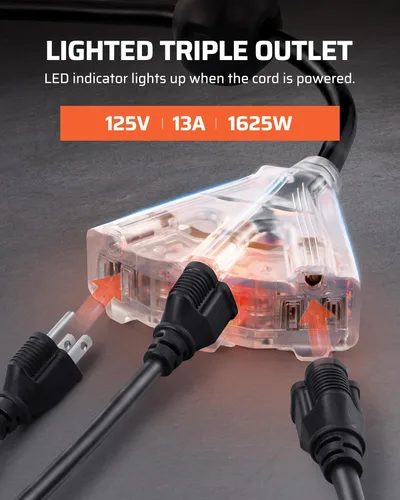 Miniatura 6 de DEWENWILS Carrete de cable de extensión retráctil, cable de alimentación resistente de 50 pies, 14AWG/3C SJTOW, 3 tomas de tierra con triple llave
